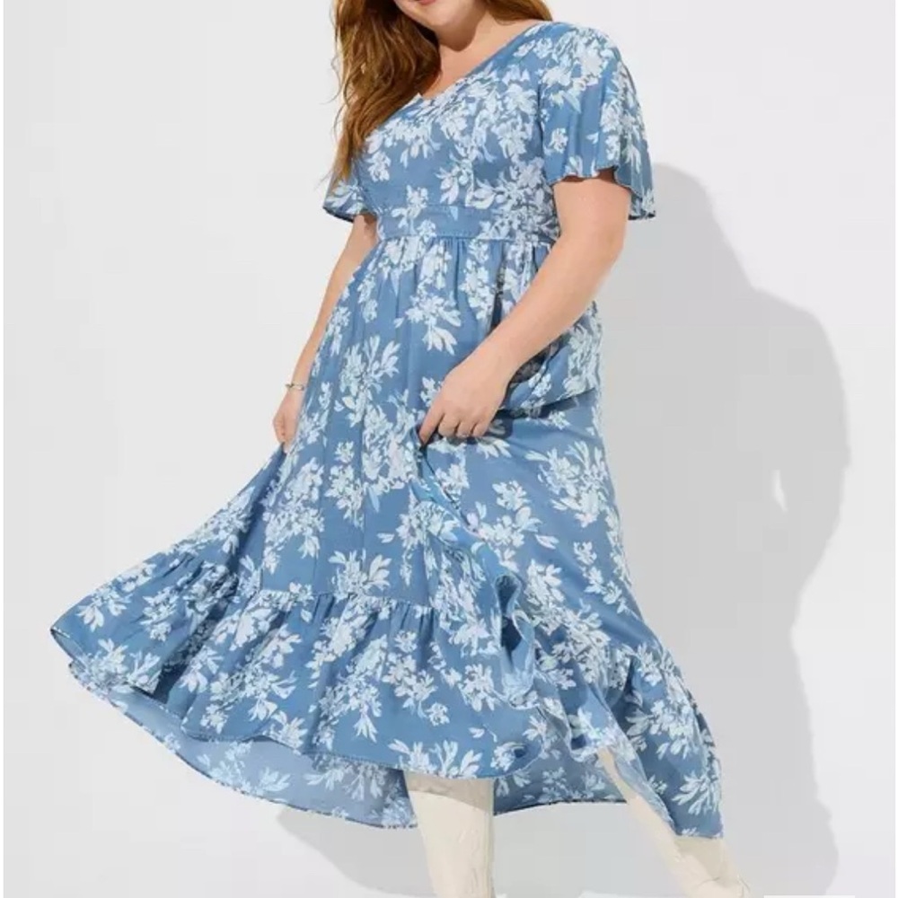 Torrid Blue Water Floral Dress Maxi Chambray Hi-Low V-Neck Dress